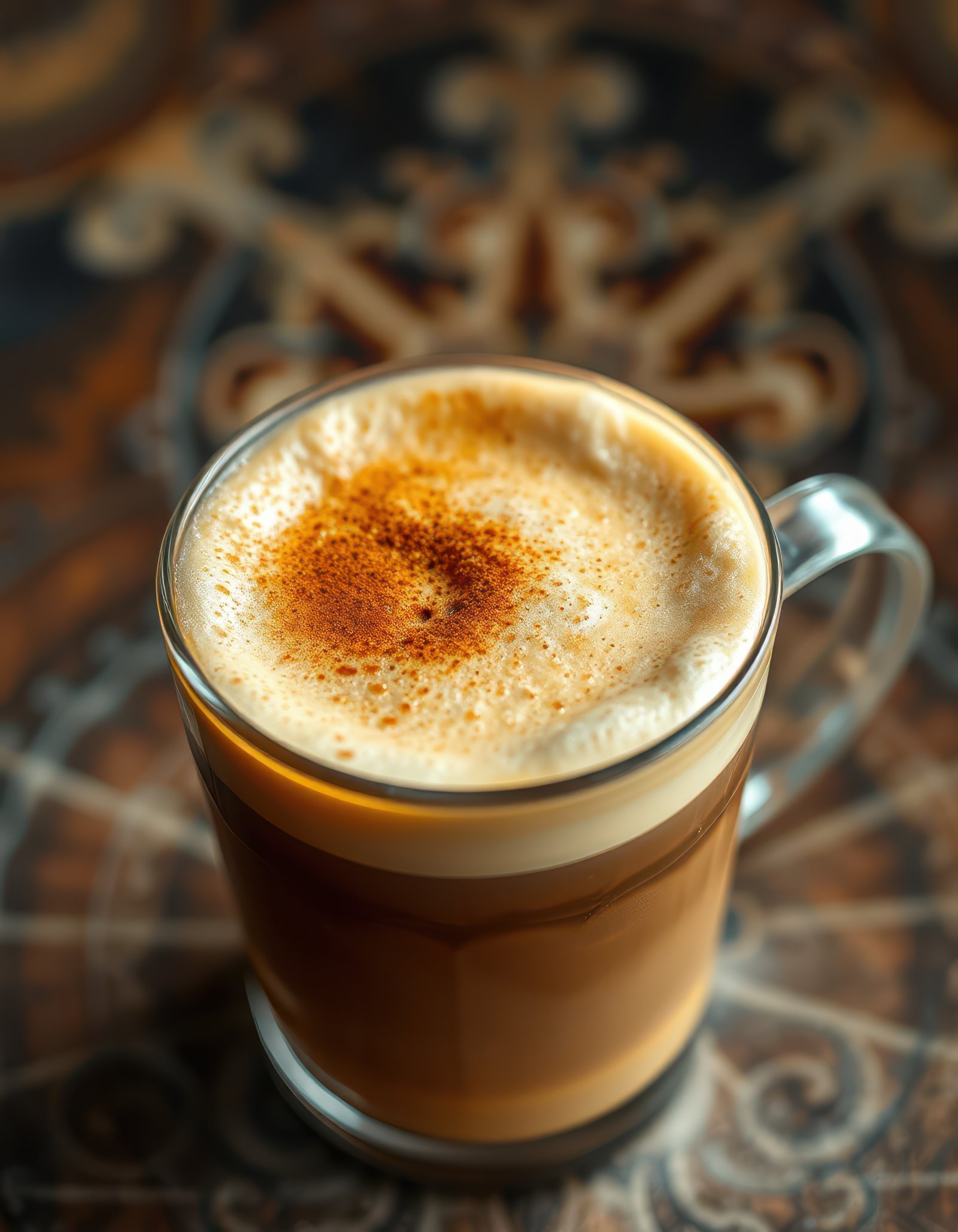 Richly brewed coffee served in a glass cup with creamy froth and a sprinkle of cinnamon on top in a cozy setting
